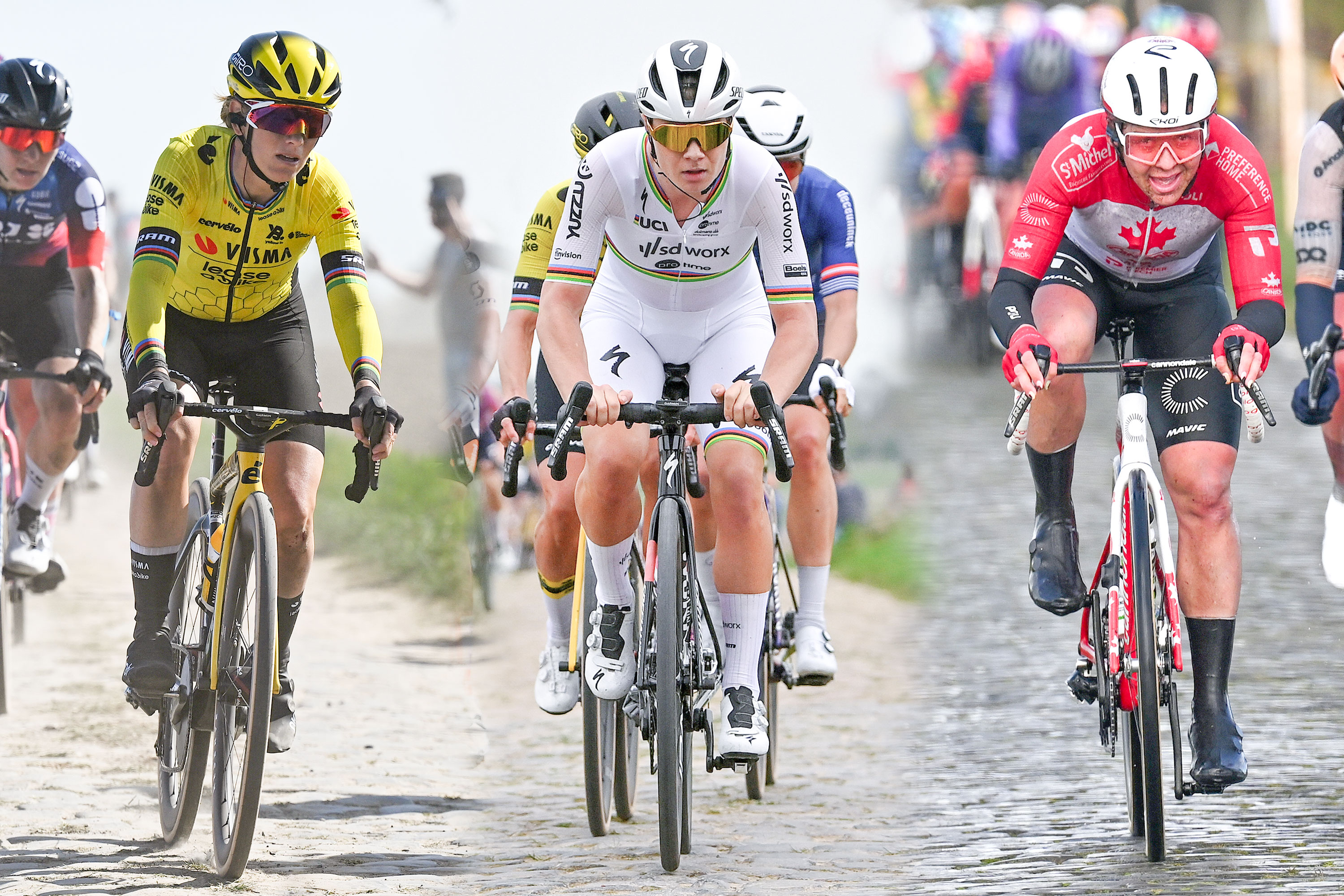 A composite image of former Paris-Roubaix Femmes winner Pauline Ferrand-Pr&eacute;vot, Lotte Kopecky, and Elisa Longo Borghini racing on the cobbles during previous editions of the race