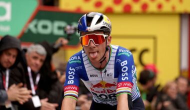 Team Bora's Belgian rider Remco Evenepoel crosses the finish line of the sixth stage of the 2026 'Volta a Catalunya' cycling tour of Catalonia, a 158 km race between Berga and the Sanctuary of La Mare de Deu de Queralt in Berga, on March 28, 2026. (Photo by Josep LAGO / AFP)