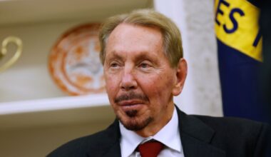 WASHINGTON, DC - FEBRUARY 03: Oracle co-founder, CTO and Executive Chairman Larry Ellison listens as U.S. President Donald Trump speaks to reporters in the Oval Office of the White House on February 03, 2025 in Washington, DC. After signing a series of executive orders and proclamations, Trump spoke to reporters about a range of topics including recent negotiations with Mexico on tarriffs. (Photo by Anna Moneymaker/Getty Images)
