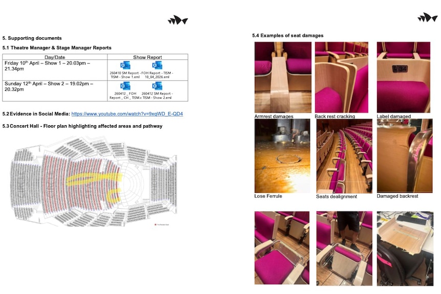 Sydney Opera House document detailing damages to concert hall during TISM concert, including floorplan and broken chairs