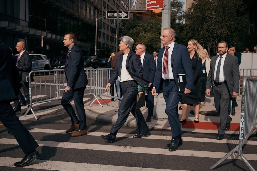 Anthony Albanese and other Labor frontbenchers walking.