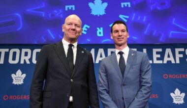 May 4, 2026; Toronto, Ontario, CANADA;  Toronto Maple Leafs new senior executive advisor Mats Sundin (l) and general manager John Chayka pose for picture after an introductory news conference at Real Sports Bar and Grill. Mandatory Credit: Dan Hamilton-Imagn Images