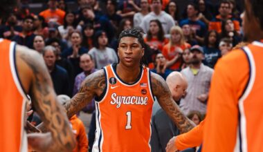 Feb 7, 2026; Charlottesville, Virginia, USA; St. John's basketball transfer Donnie Freeman (1) is announced in the starting lineup before the game against the Virginia Cavaliers at John Paul Jones Arena.