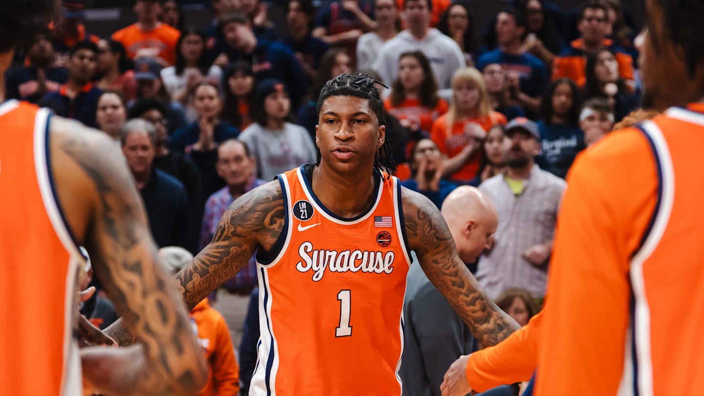 Feb 7, 2026; Charlottesville, Virginia, USA; St. John's basketball transfer Donnie Freeman (1) is announced in the starting lineup before the game against the Virginia Cavaliers at John Paul Jones Arena.