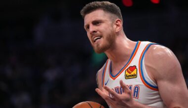 Jan 29, 2025; San Francisco, California, USA; Oklahoma City Thunder center Isaiah Hartenstein (55) reacts after play against the Golden State Warriors in the third quarter at the Chase Center. Mandatory Credit: Cary Edmondson-Imagn Images