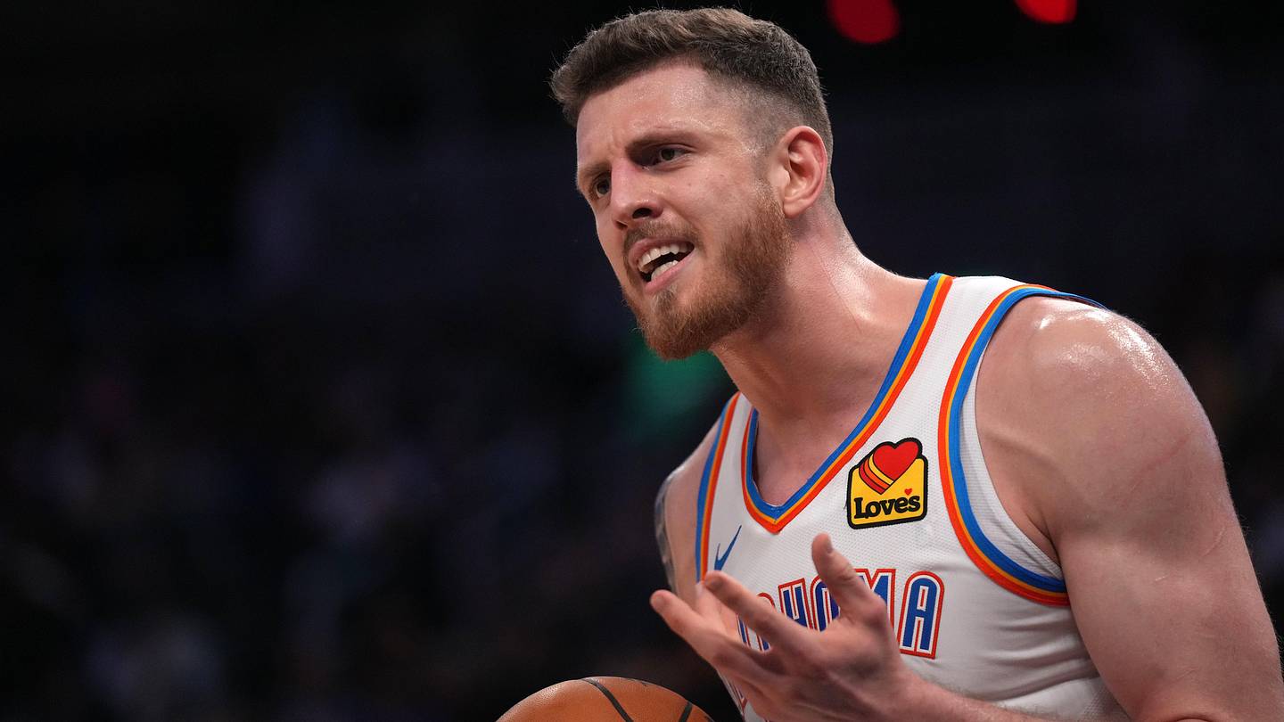 Jan 29, 2025; San Francisco, California, USA; Oklahoma City Thunder center Isaiah Hartenstein (55) reacts after play against the Golden State Warriors in the third quarter at the Chase Center. Mandatory Credit: Cary Edmondson-Imagn Images