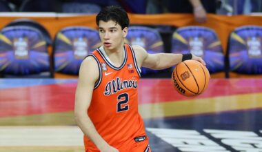 Apr 4, 2026; Indianapolis, IN, USA; Illinois Fighting Illini guard Andrej Stojakovic (2) warms up before a semifinal of the Final Four of the men's 2026 NCAA Tournament against the UConn Huskies at Lucas Oil Stadium. Mandatory Credit: Trevor Ruszkowski-Imagn Images