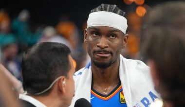 May 22, 2026; San Antonio, Texas, USA; Oklahoma City Thunder guard Shai Gilgeous-Alexander (2) talks to the media after game three of the western conference finals for the 2026 NBA playoffs at Frost Bank Center. Mandatory Credit: Scott Wachter-Imagn Images