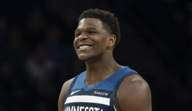 Feb 11, 2026; Minneapolis, Minnesota, USA; Minnesota Timberwolves guard Anthony Edwards (5) celebrates Minnesota Timberwolves forward Julius Randle (not pictured) making a shot against the Portland Trail Blazers in the second half at Target Center. Mandatory Credit: Jesse Johnson-Imagn Images