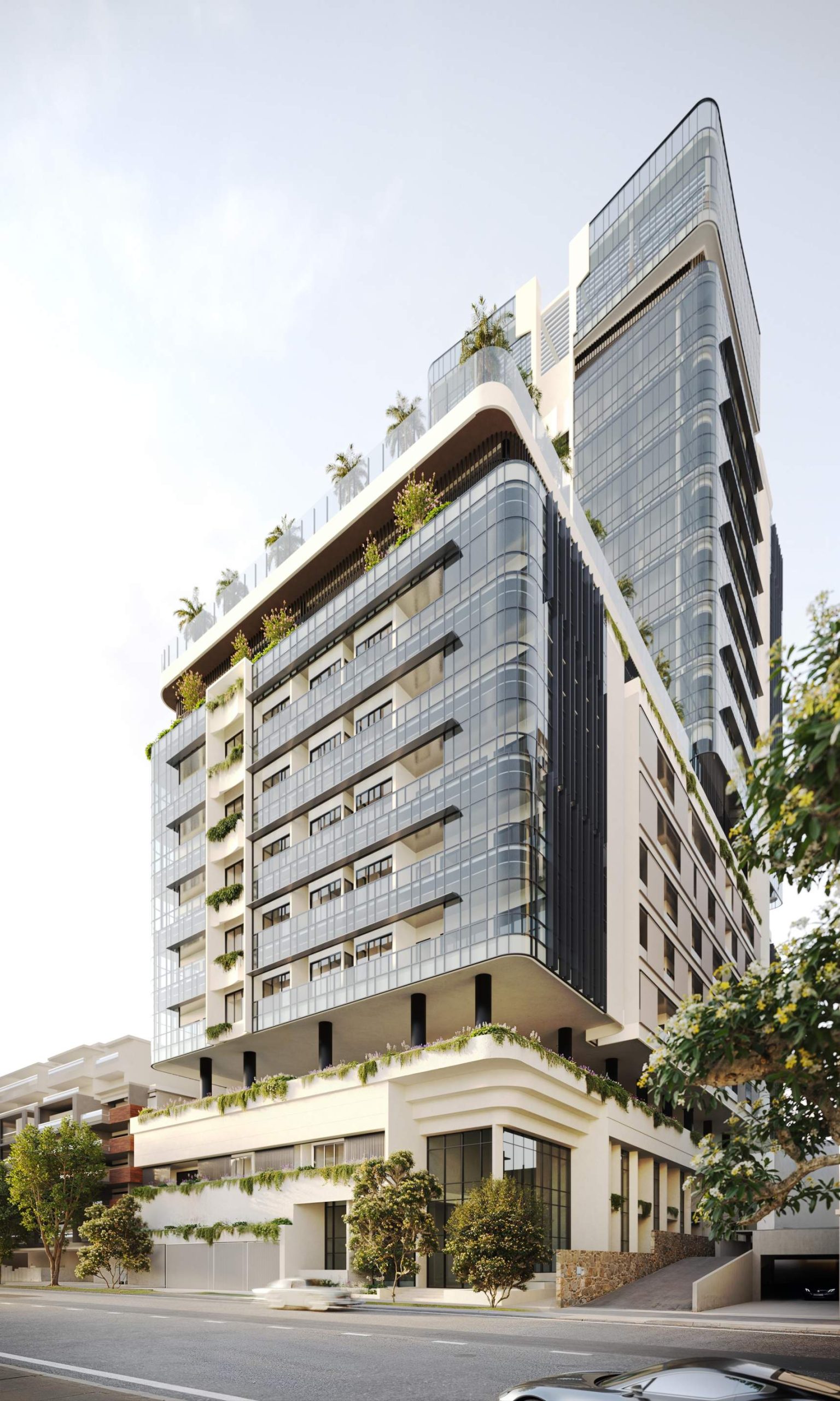 Teneriffe House Helen Street 8 storey corner render by Plazibat Architects