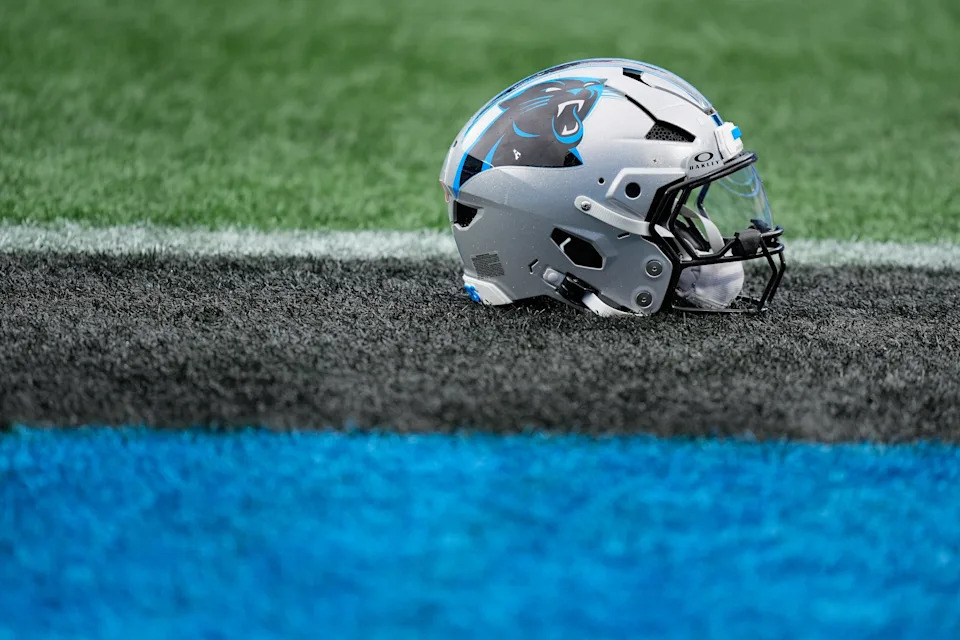 Nov 30, 2025; Charlotte, North Carolina, USA; A view of a Carolina Panthers helmet on the field before the game against the Los Angeles Rams at Bank of America Stadium. Mandatory Credit: Jim Dedmon-Imagn Images
