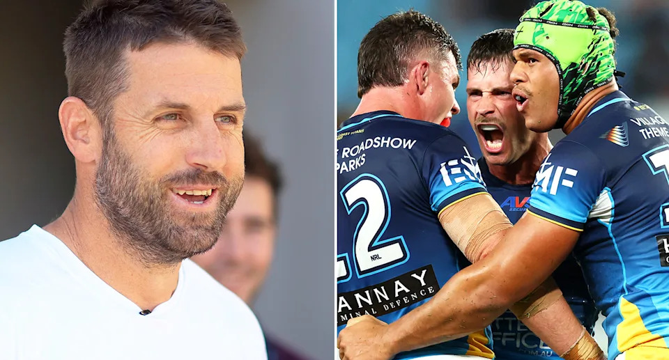 Titans playmaker Lachlan Ilias (R, centre) has been axed by coach Josh Hannay (L) in the latest brutal blow to his tumultuous NRL career. Pic: Getty