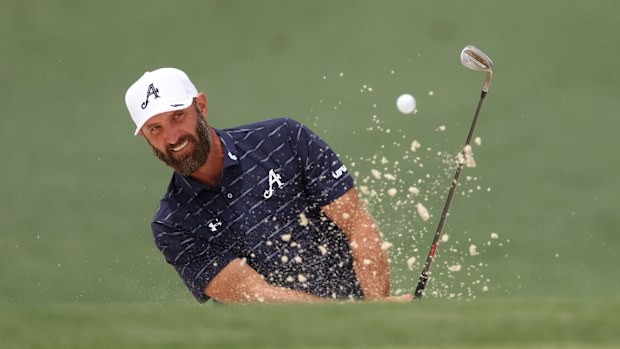 Dustin Johnson of the United States hits out of a greenside bunker during a practice round prior to the 2026 Masters Tournament at Augusta National Golf Club on April 06, 2026 in Augusta, Georgia. (Photo by Andrew Redington/Getty Images)