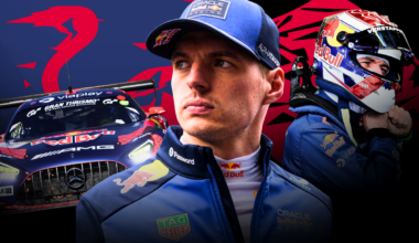 Verstappen looking serious with Red Bull and Nurburgring themed background