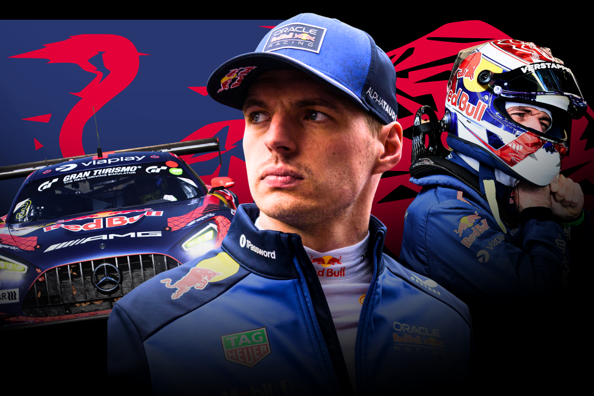 Verstappen looking serious with Red Bull and Nurburgring themed background