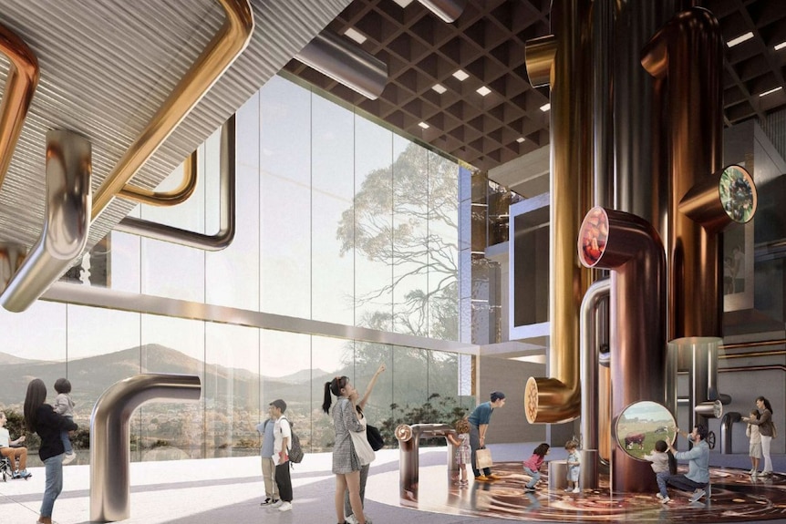 People standing in a large room with views of kunanyi/Mount Wellington looking at a large copper pipe installation.