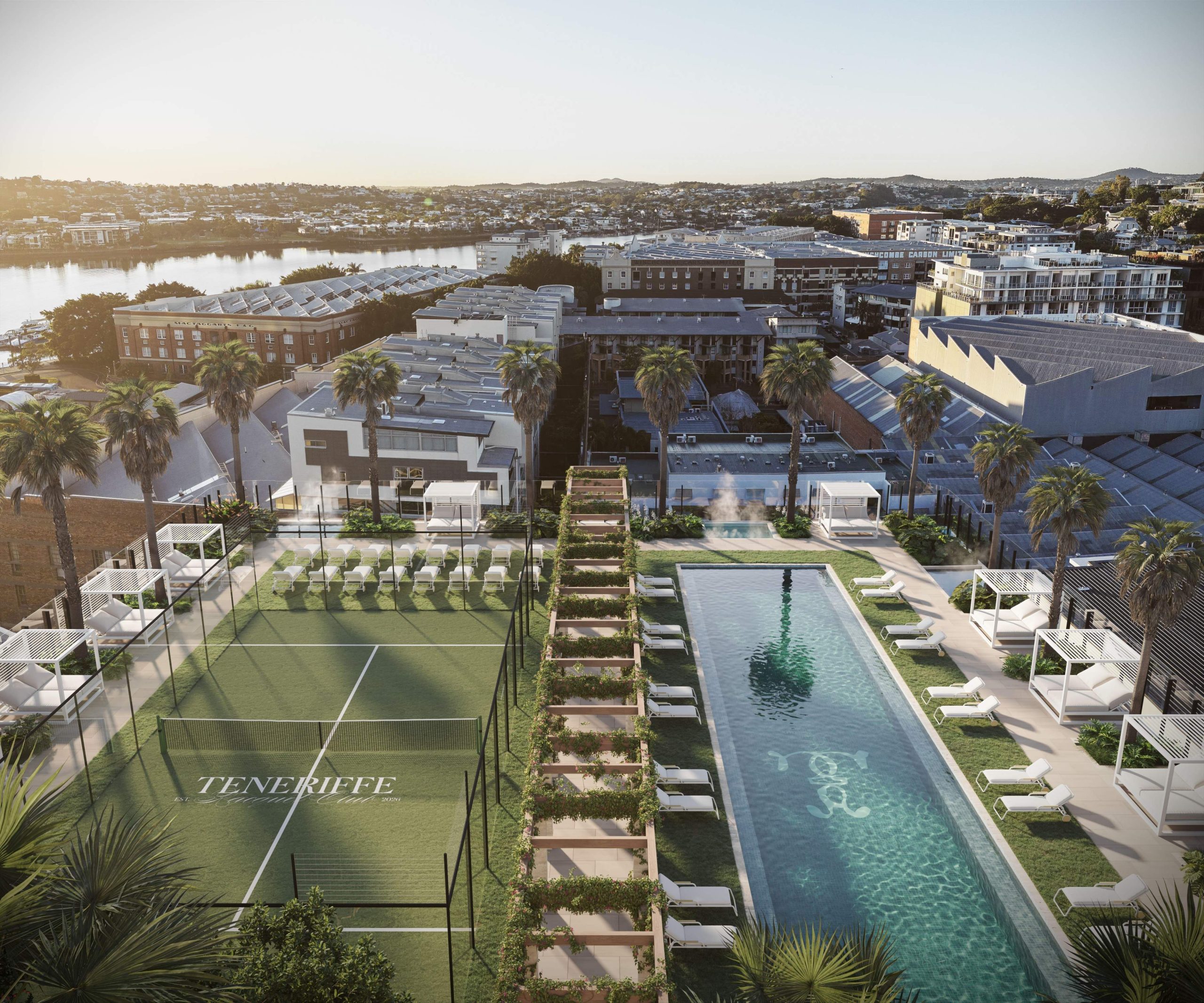 Rooftop Swim and Racquet Club with 25 metre lap pool and tennis court by Plazibat Architects