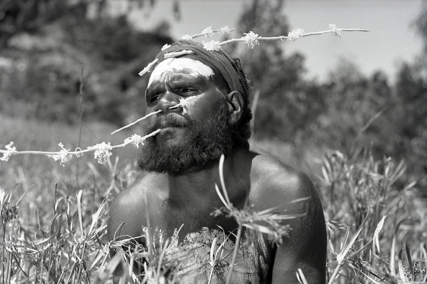 An Aboriginal actor, sitting amongst foliage, looks off-camera