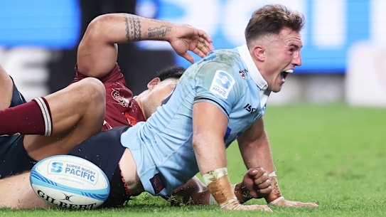Jack Bowen scores during the Waratahs’ last game in the 2024 season.