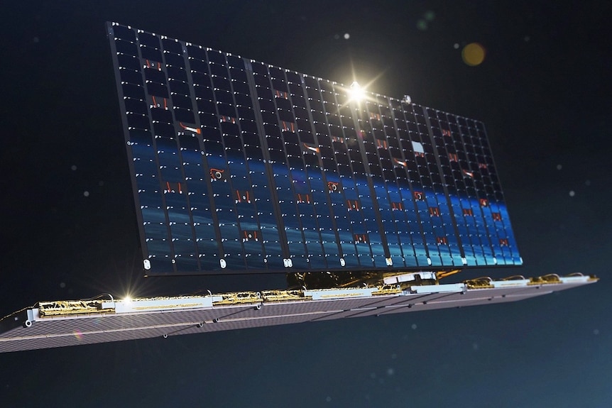 A satellite monitoring device with universe like backdrop.