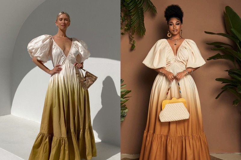 A composite of two women wearing a similar flowy dress.