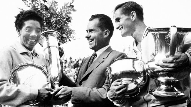 Mal Anderson received his US Championships trophies from then vice president Richard Nixon.
