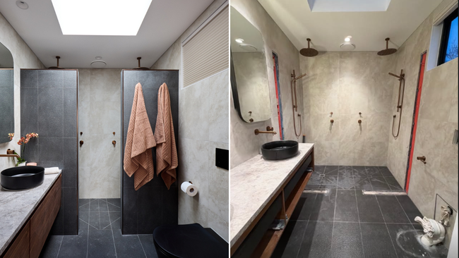 The before and after of the bathroom on My Reno Rules.