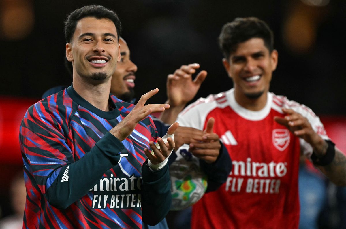 Arsenal's Brazilian midfielder #11 Gabriel Martinelli (L) applauds the fans following the English Premier League football match between Arsenal and Burnley at the Emirates Stadium