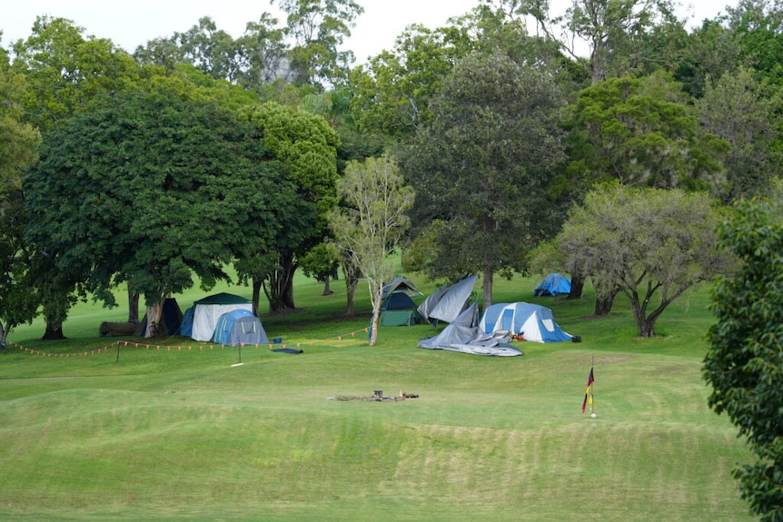 A number of tents under trees