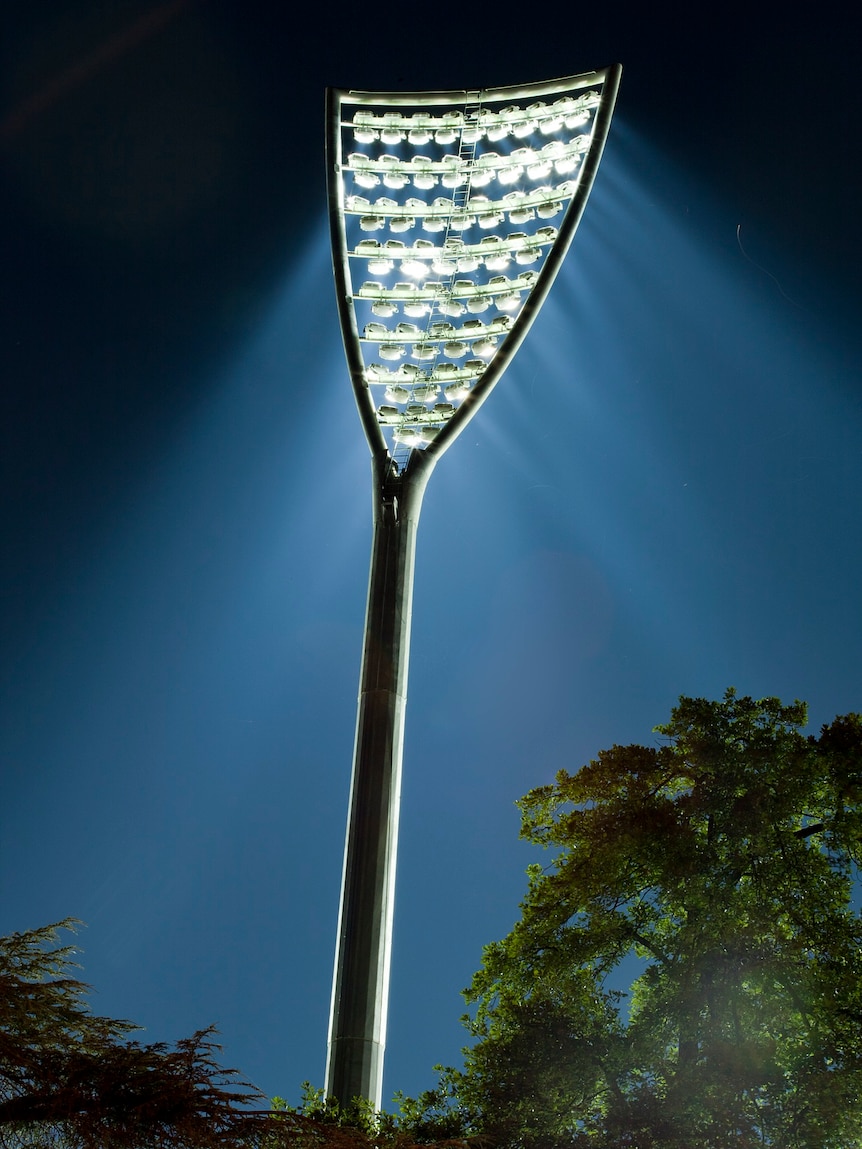 A very large curved floodlight lit up above treetops at twilight.