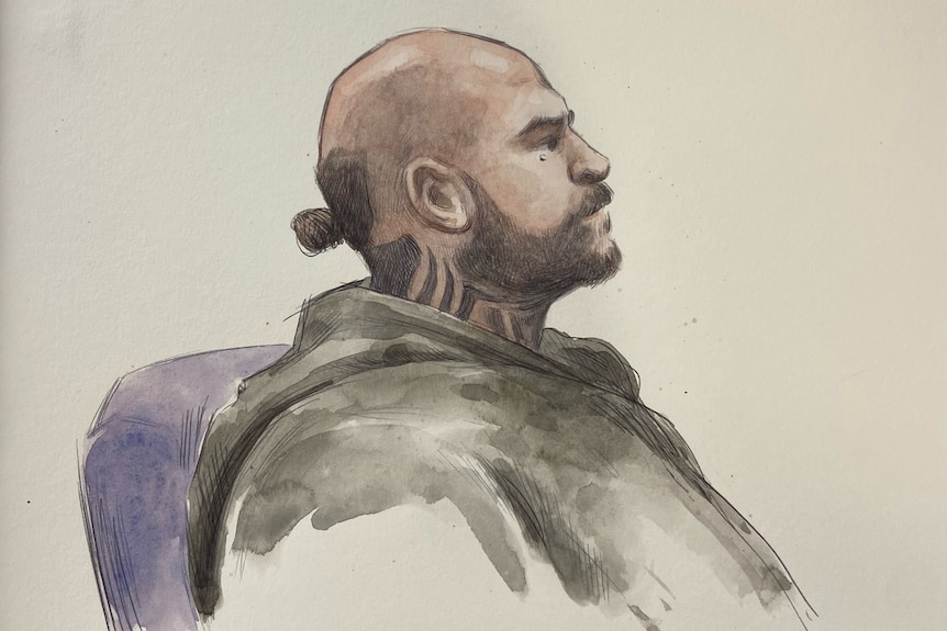 A side-on court sketch of David Pye, showing him with a beard, bald head, ponytail and neck tattoos.