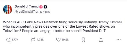 US President Donald Trump posted calling for Kimmel to be fired. 