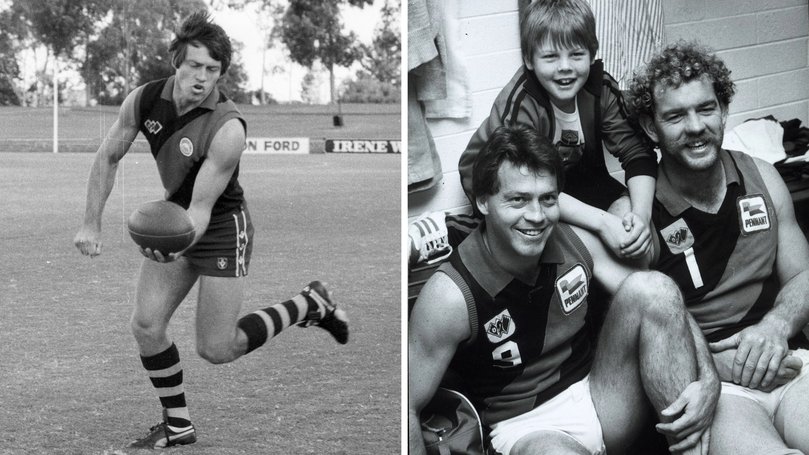 Left to right:  Bryan Cousins in action in 1980 and a young Ben Cousins with Bryan Cousins and Mick Rea.