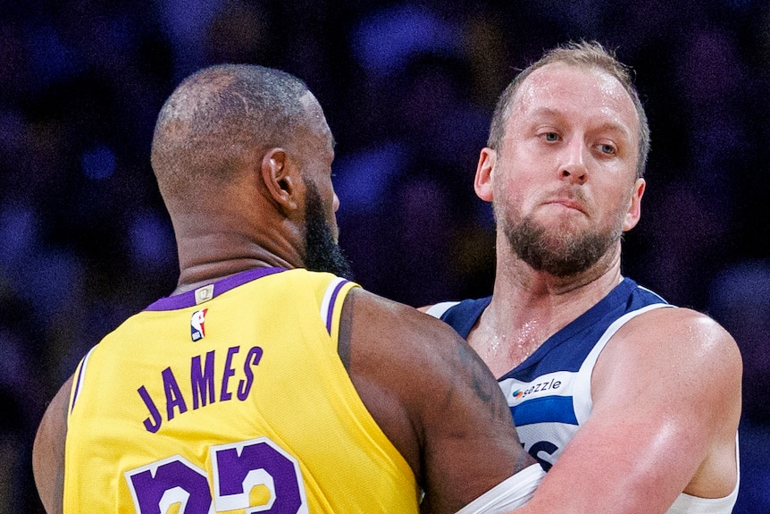Joe Ingles is blocked by Lebron James