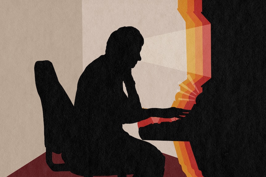 An illustration of a silhouetted woman in profile, using a poker machine and staring intently at the screen.