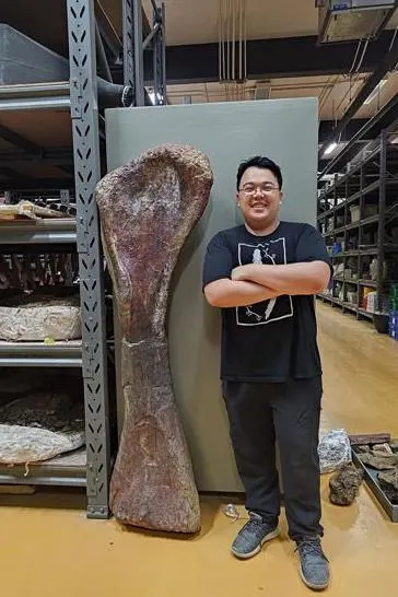 Researcher Thitiwoot Sethapanichsakul poses with a front leg bone which is taller than him.