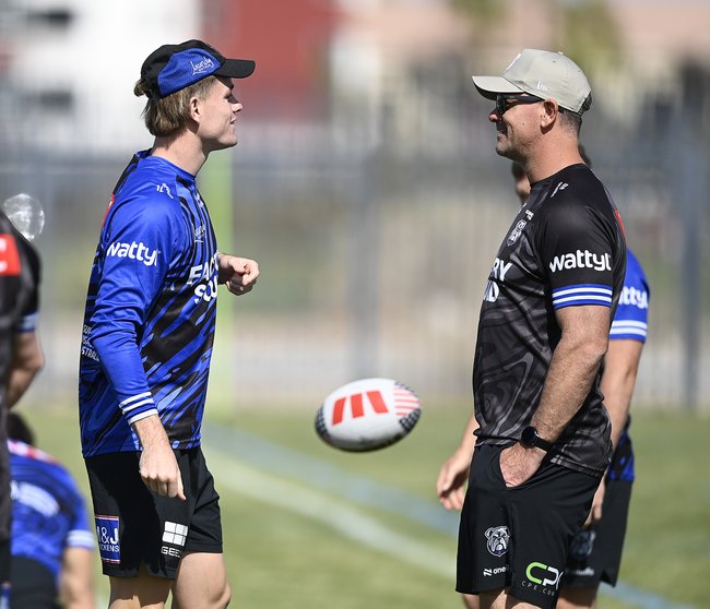 LAS VEGAS, NEVADA - FEBRUARY 24: Lachlan Galvin of the Bulldogs speaks with Bulldogs coach Cameron Ciraldo during a Canterbury Bulldogs NRL training session at James Regional Sports Complex on February 24, 2026 in Las Vegas, Nevada. (Photo by Ian Hitchcock/Getty Images)
