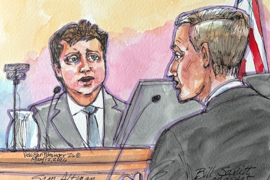 A cartoon sketch of Sam Altman on the stand.