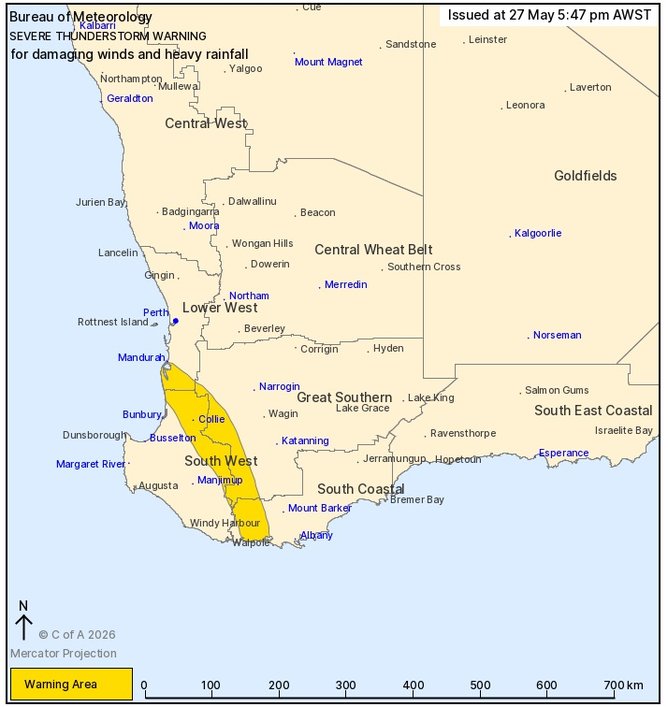 Locations which may be affected by the weather warning include Collie, Harvey, Denmark and Pinjarra.