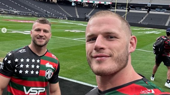 Rabbitohs teammates Jai Arrow and Tom Burgess at Allegiant Stadium in Las Vegas in 2024.