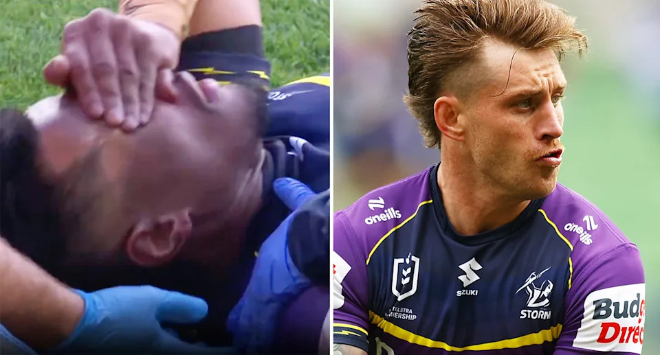 On the right is Melbourne and Maroons Origin star Cameron Munster and teammate Sua Fa'alogo on left.