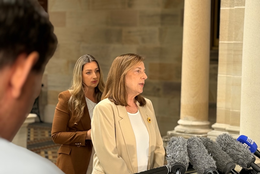 Vanessa Fowler speaking in front of microphones. 