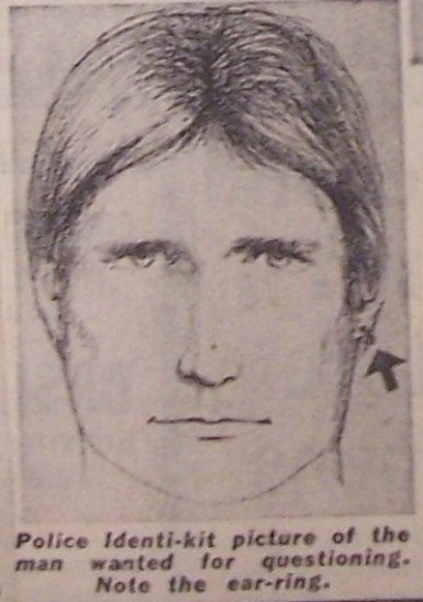 Newspaper photo of a drawing of a suspect in a murder.
