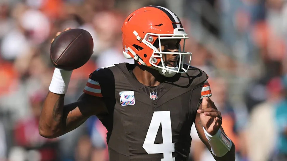 Oct 20, 2024; <a class="link " href="https://sports.yahoo.com/nfl/teams/cleveland/" data-i13n="sec:content-canvas;subsec:anchor_text;elm:context_link" data-ylk="slk:Cleveland;sec:content-canvas;subsec:anchor_text;elm:context_link;itc:0" data-yga="{"yLinkElement":"context_link","yModuleName":"content-canvas","yLinkText":"Cleveland","ySubModuleName":"anchor_text","yHasCommerce":false}">Cleveland</a>, Ohio, USA; Cleveland Browns quarterback Deshaun Watson (4) throws a pass during the first quarter against the <a class="link " href="https://sports.yahoo.com/nfl/teams/cincinnati/" data-i13n="sec:content-canvas;subsec:anchor_text;elm:context_link" data-ylk="slk:Cincinnati Bengals;sec:content-canvas;subsec:anchor_text;elm:context_link;itc:0" data-yga="{"yLinkElement":"context_link","yModuleName":"content-canvas","yLinkText":"Cincinnati Bengals","ySubModuleName":"anchor_text","yHasCommerce":false}">Cincinnati Bengals</a> at Huntington Bank Field. Mandatory Credit: Ken Blaze-Imagn Images© Ken Blaze-Imagn Images&period;