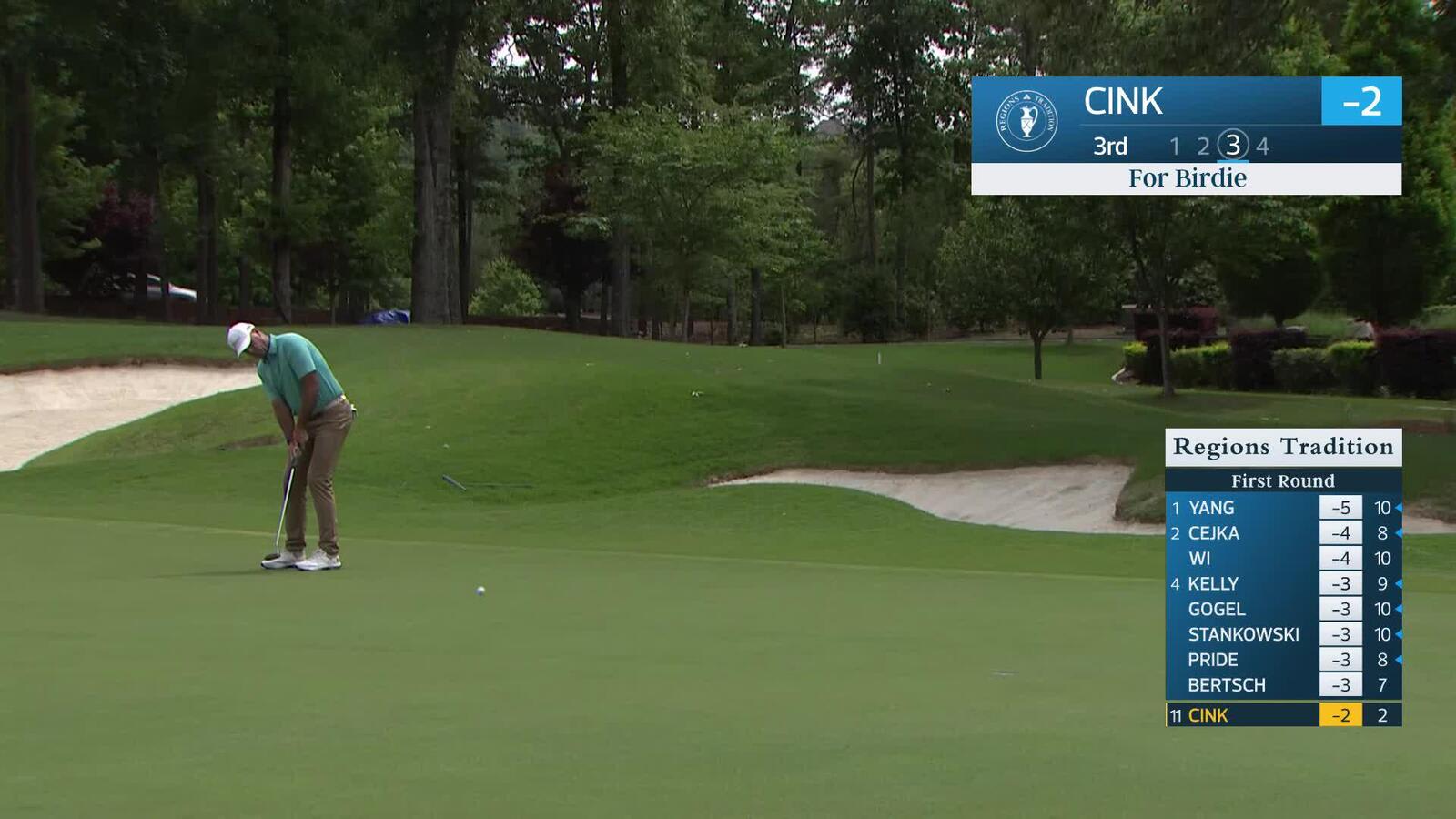 Stewart Cink makes birdie putt on No. 3 at Regions Tradition