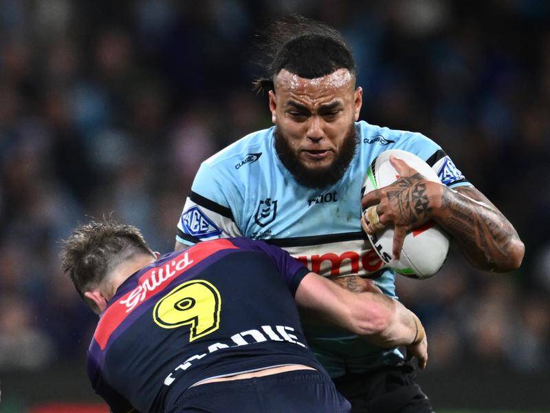 Cronulla hitman Addin Fonua-Blake is unashamedly a fan of Wests Tigers rival Samuela Fainu. Photo: Joel Carrett/AAP PHOTOS