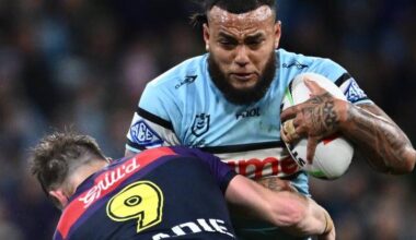 Cronulla hitman Addin Fonua-Blake is unashamedly a fan of Wests Tigers rival Samuela Fainu. Photo: Joel Carrett/AAP PHOTOS