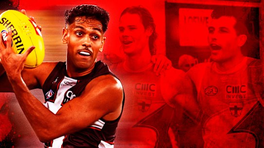 St Kilda weapons Nasiah Wanganeen-Milera, Tom De Koning and Rowan Marshall.