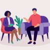 An illustration shows a woman with a clipboard to take notes talking to a man; they are both sitting in chairs.