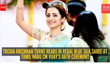 Trisha Krishnan steals the spotlight in a dreamy blue silk saree at Vijay’s oath ceremony